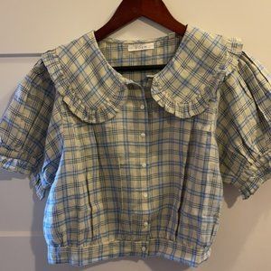 DÔEN Sparrow cropped ruffled checked ramie blouse